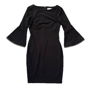 Calvin Klein Solid Black Bell Sleeve Circle Trim Sheath Dress Size 6 Career